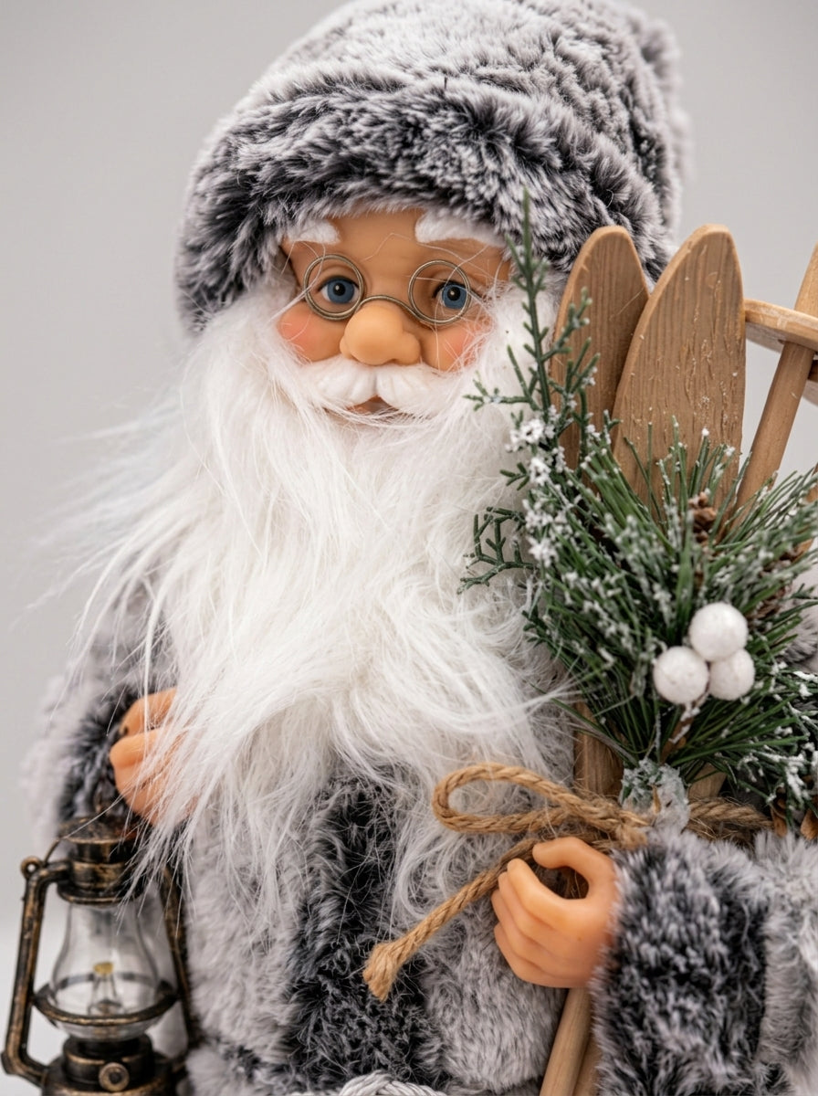 Kayaklı Gri Beyaz Noel Baba Dekoratif Figür - 45 CM