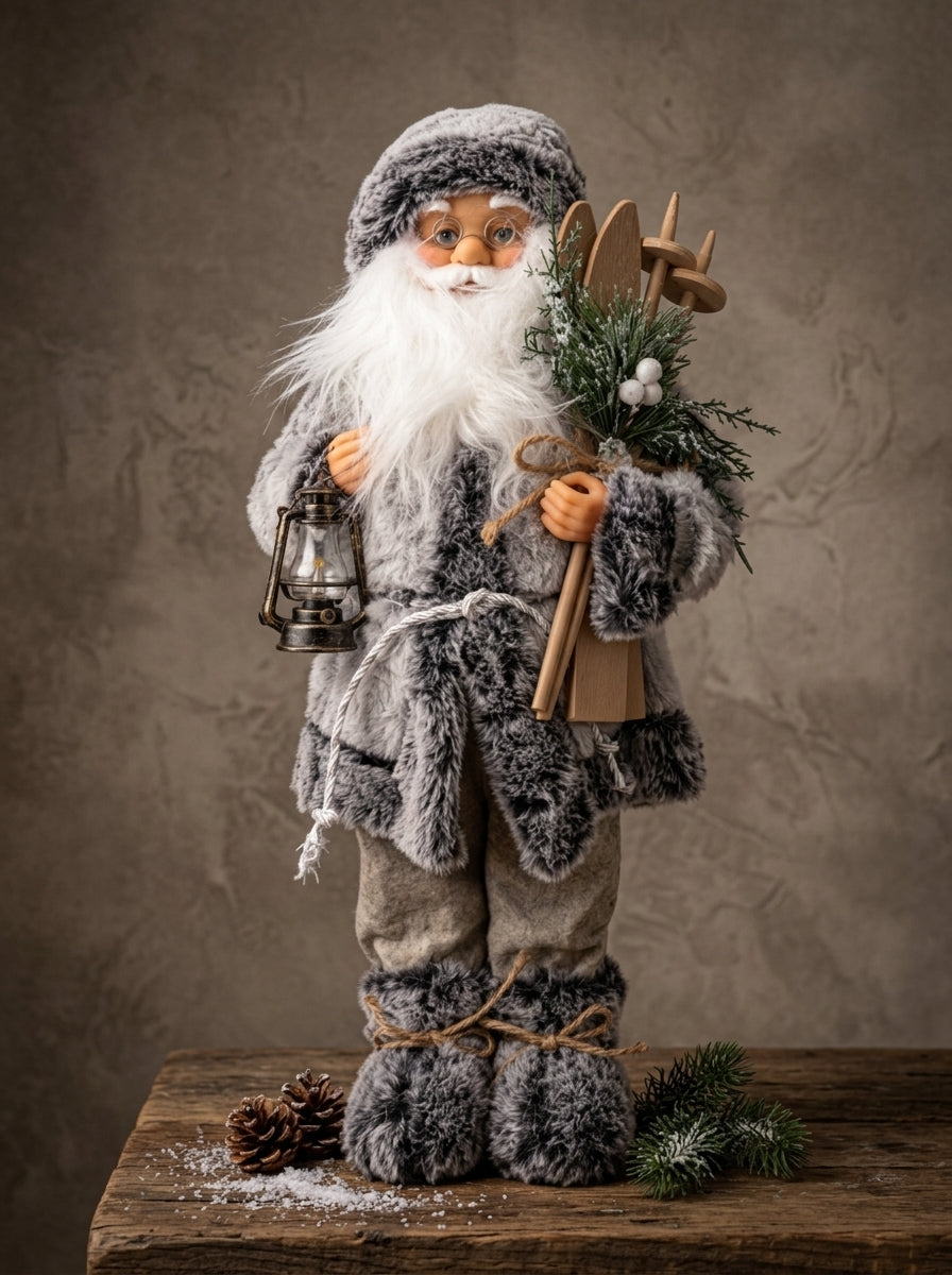 Kayaklı Gri Beyaz Noel Baba Dekoratif Figür - 45 CM