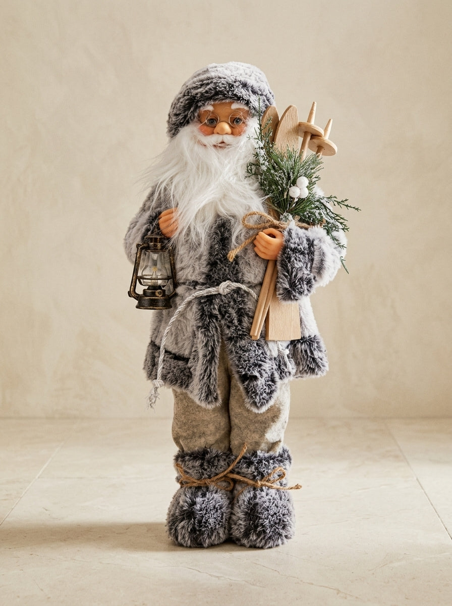 Kayaklı Gri Beyaz Noel Baba Dekoratif Figür - 45 CM