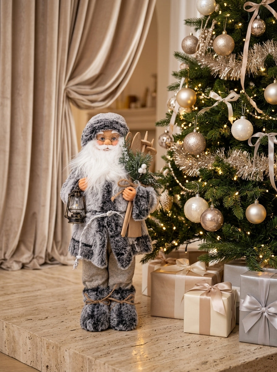 Kayaklı Gri Beyaz Noel Baba Dekoratif Figür - 45 CM