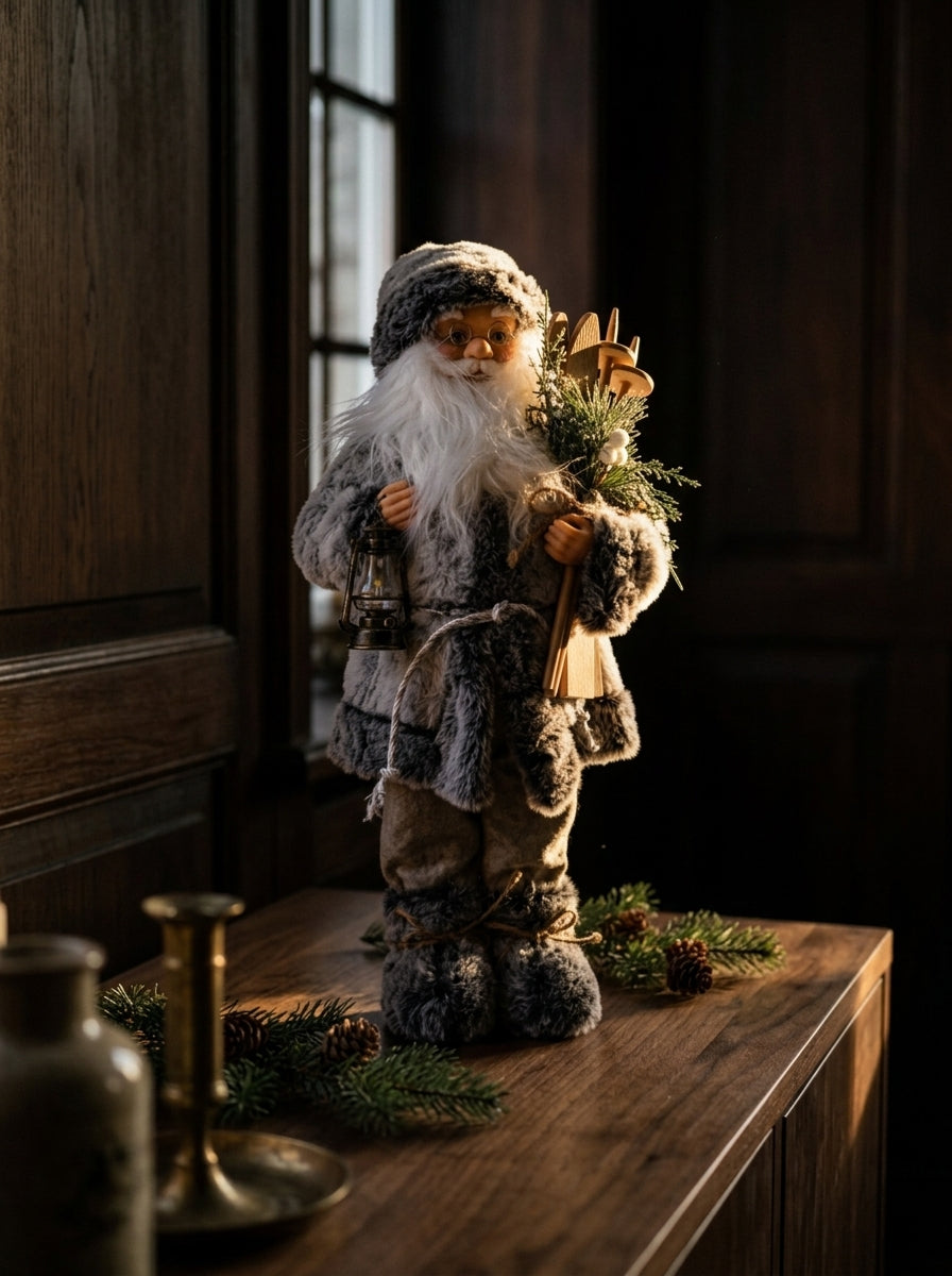 Kayaklı Gri Beyaz Noel Baba Dekoratif Figür - 45 CM
