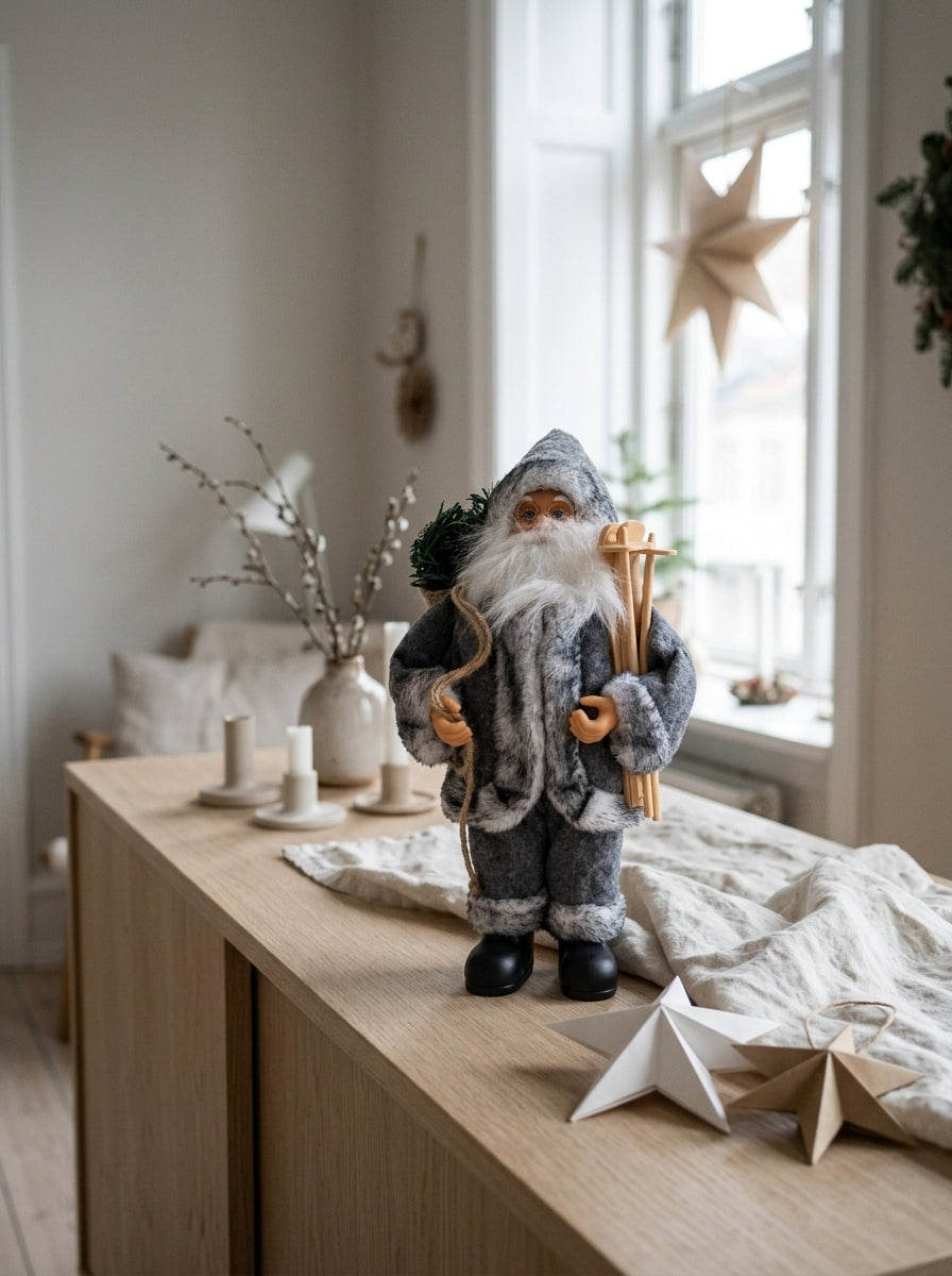 Kuzeyin Büyüsü – Gri Kürklü Kızaklı Noel Baba Dekoratif Figür 32 CM