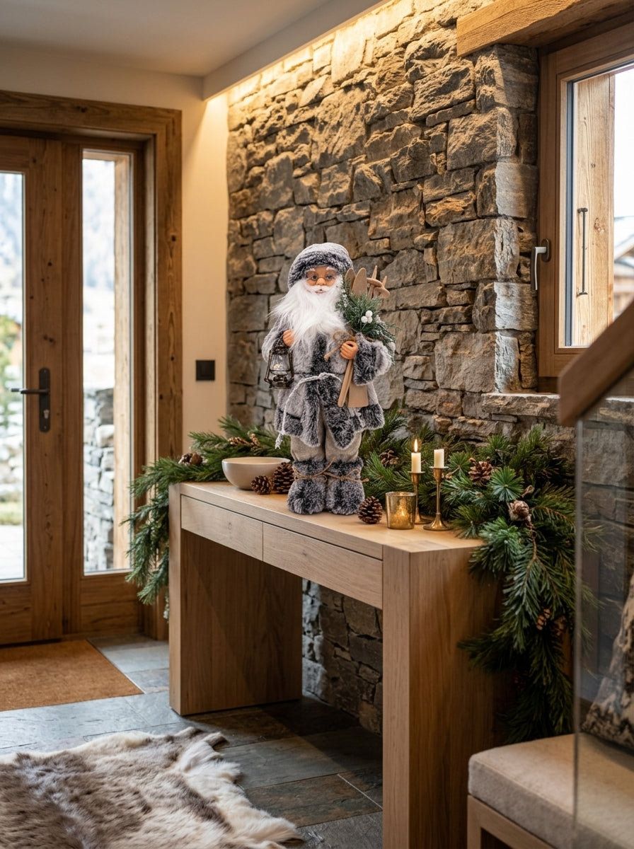 Kayaklı Gri Beyaz Noel Baba Dekoratif Figür - 45 CM
