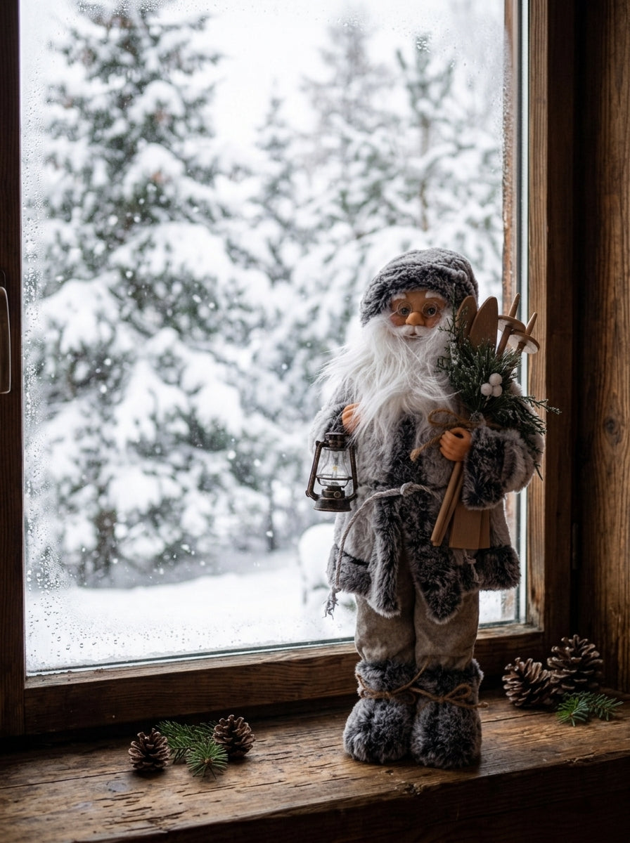 Kayaklı Gri Beyaz Noel Baba Dekoratif Figür - 45 CM