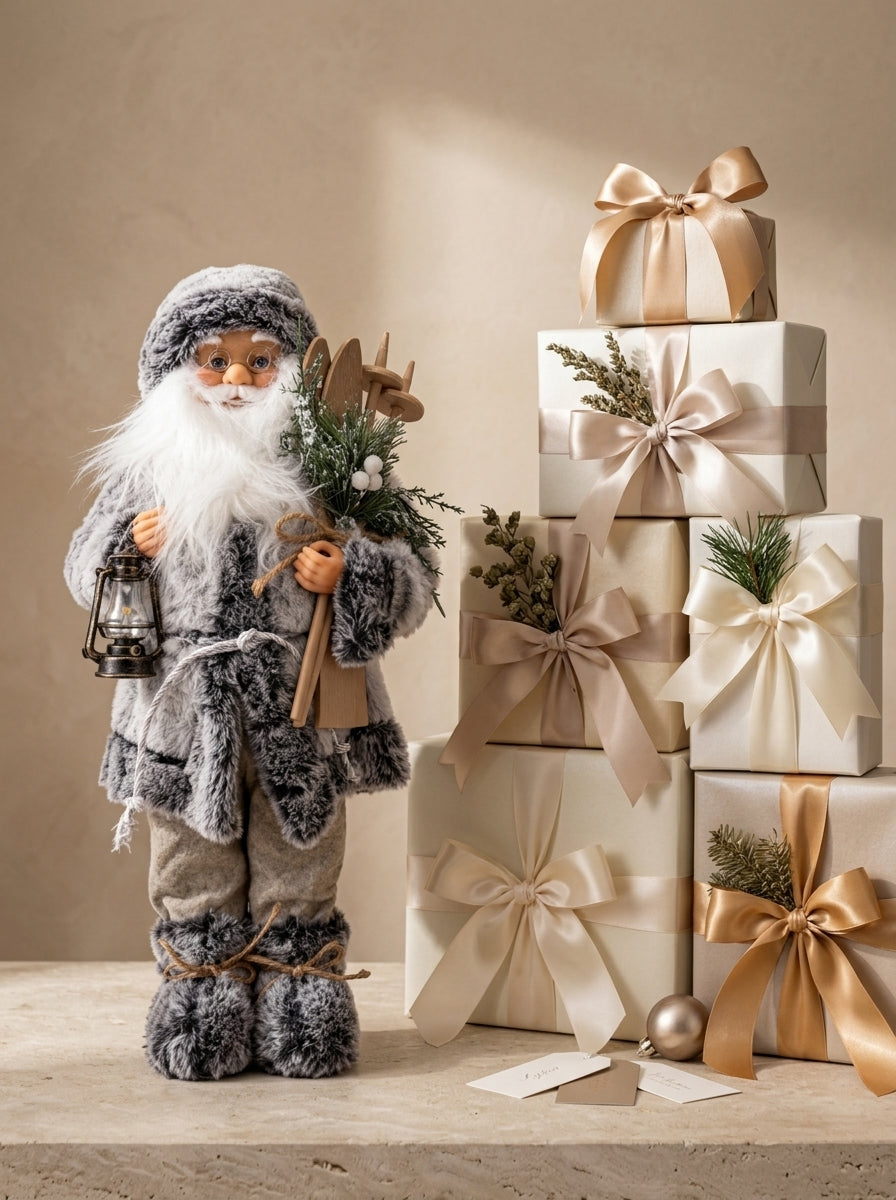 Kayaklı Gri Beyaz Noel Baba Dekoratif Figür - 45 CM