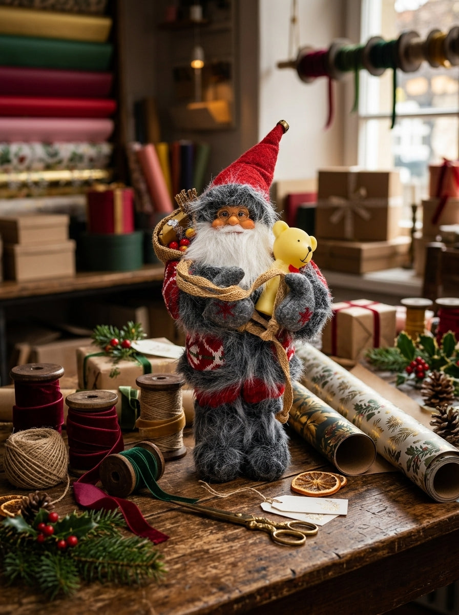 Mutluluk Dağıtıcısı – Ayıcıklı Nostaljik Noel Baba Dekoratif Figür - 32 CM