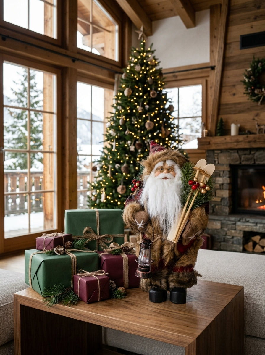 Alpine Santa Kayaklı ve Fenerli Dekoratif Yılbaşı Noel Baba Figürü - 30 CM