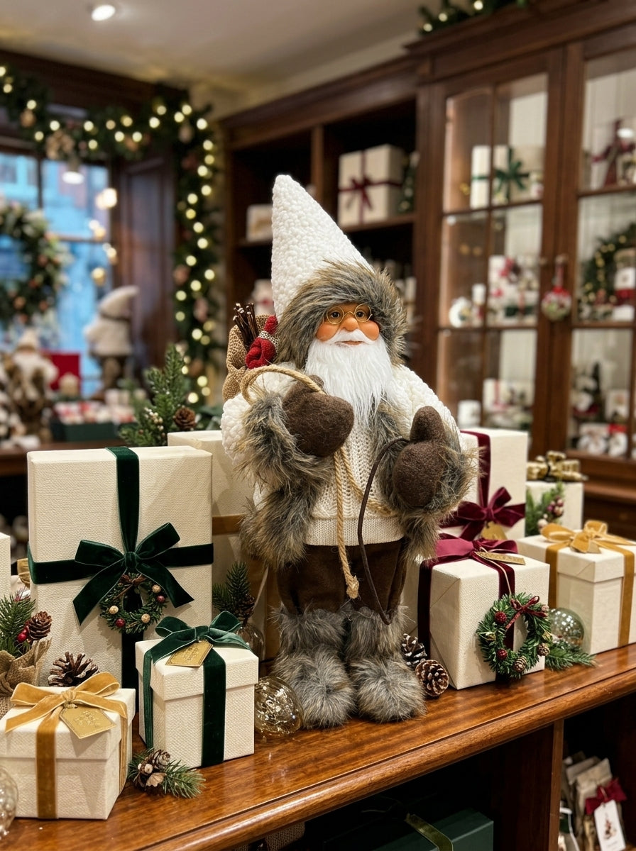 Kış Rüyası – Beyaz Örgülü Nostaljik Noel Baba Dekoratif Figür - 32 CM