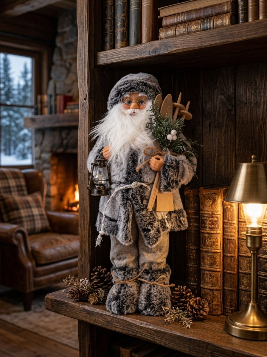 Kayaklı Gri Beyaz Noel Baba Dekoratif Figür - 45 CM