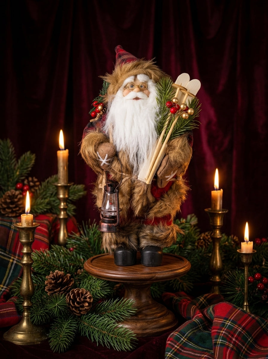 Alpine Santa Kayaklı ve Fenerli Dekoratif Yılbaşı Noel Baba Figürü - 30 CM