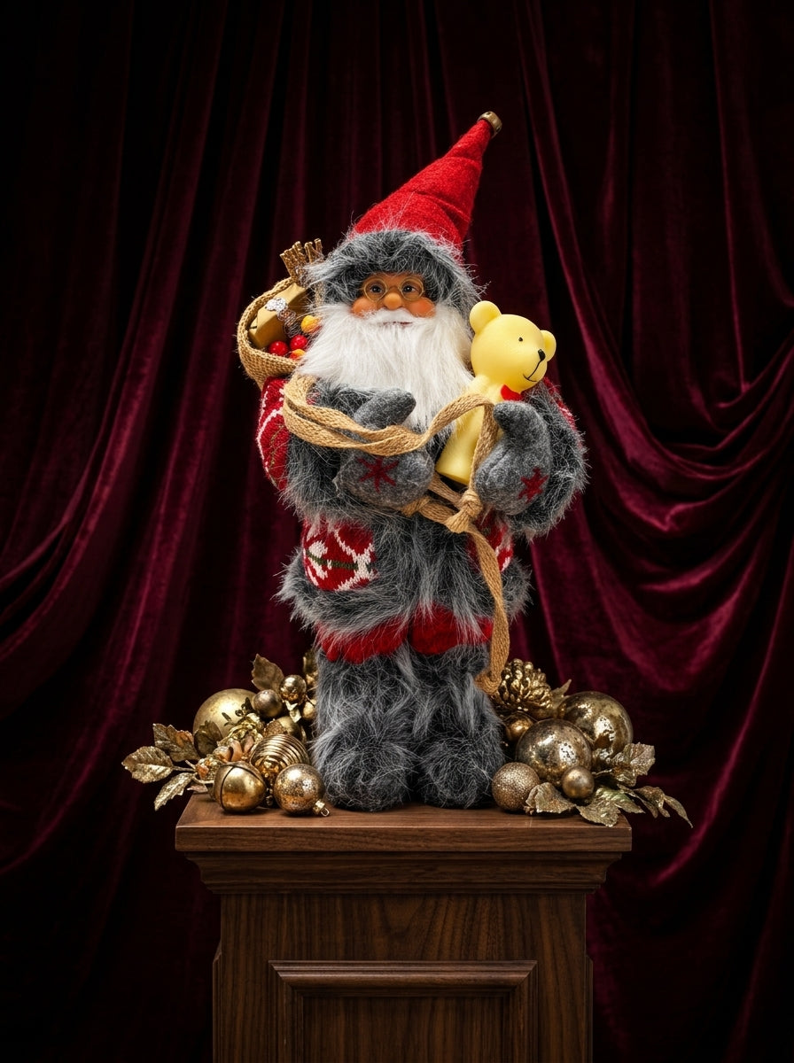 Mutluluk Dağıtıcısı – Ayıcıklı Nostaljik Noel Baba Dekoratif Figür - 32 CM