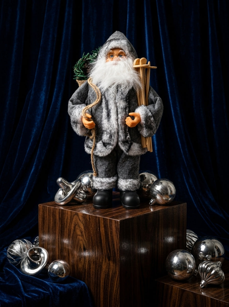 Kuzeyin Büyüsü – Gri Kürklü Kızaklı Noel Baba Dekoratif Figür 32 CM