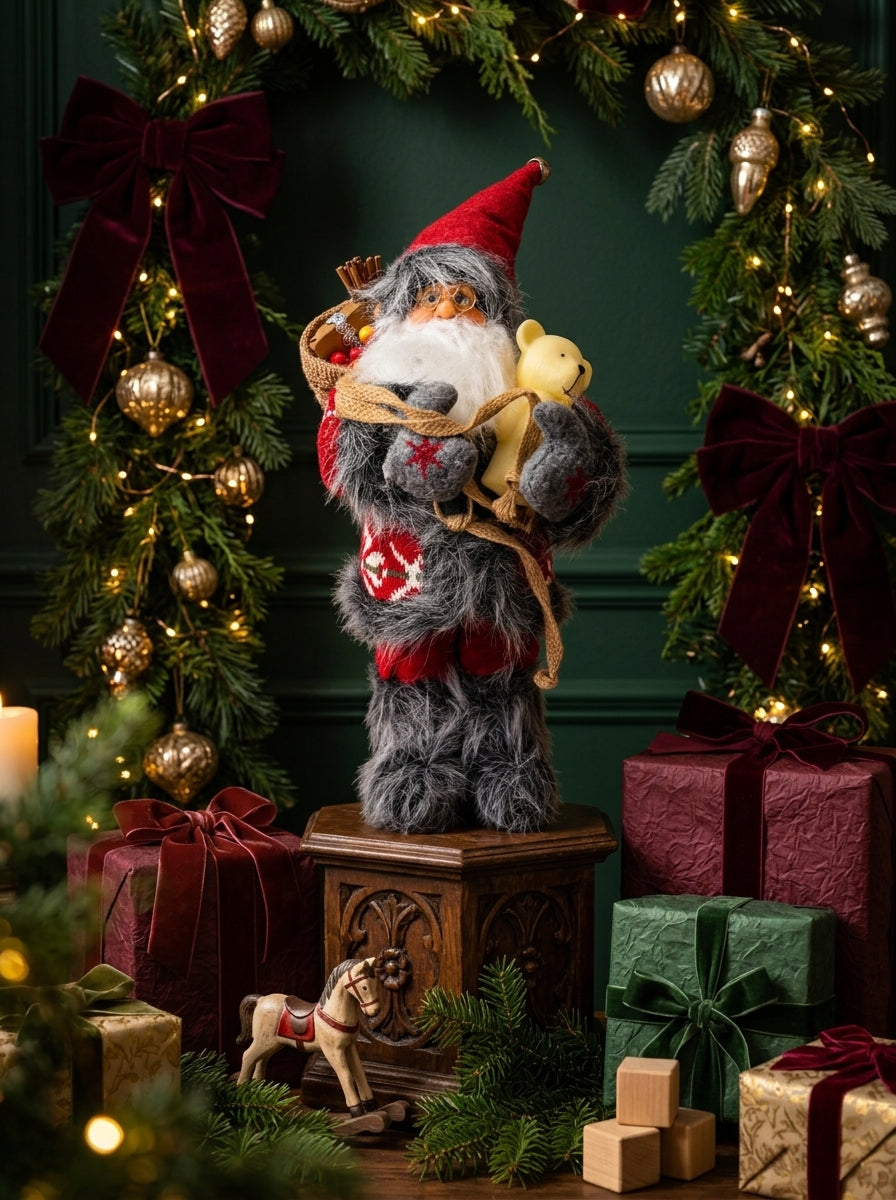 Noel'in Neşesi – Ayıcıklı Nostaljik Noel Baba Dekoratif Figür - 32 CM