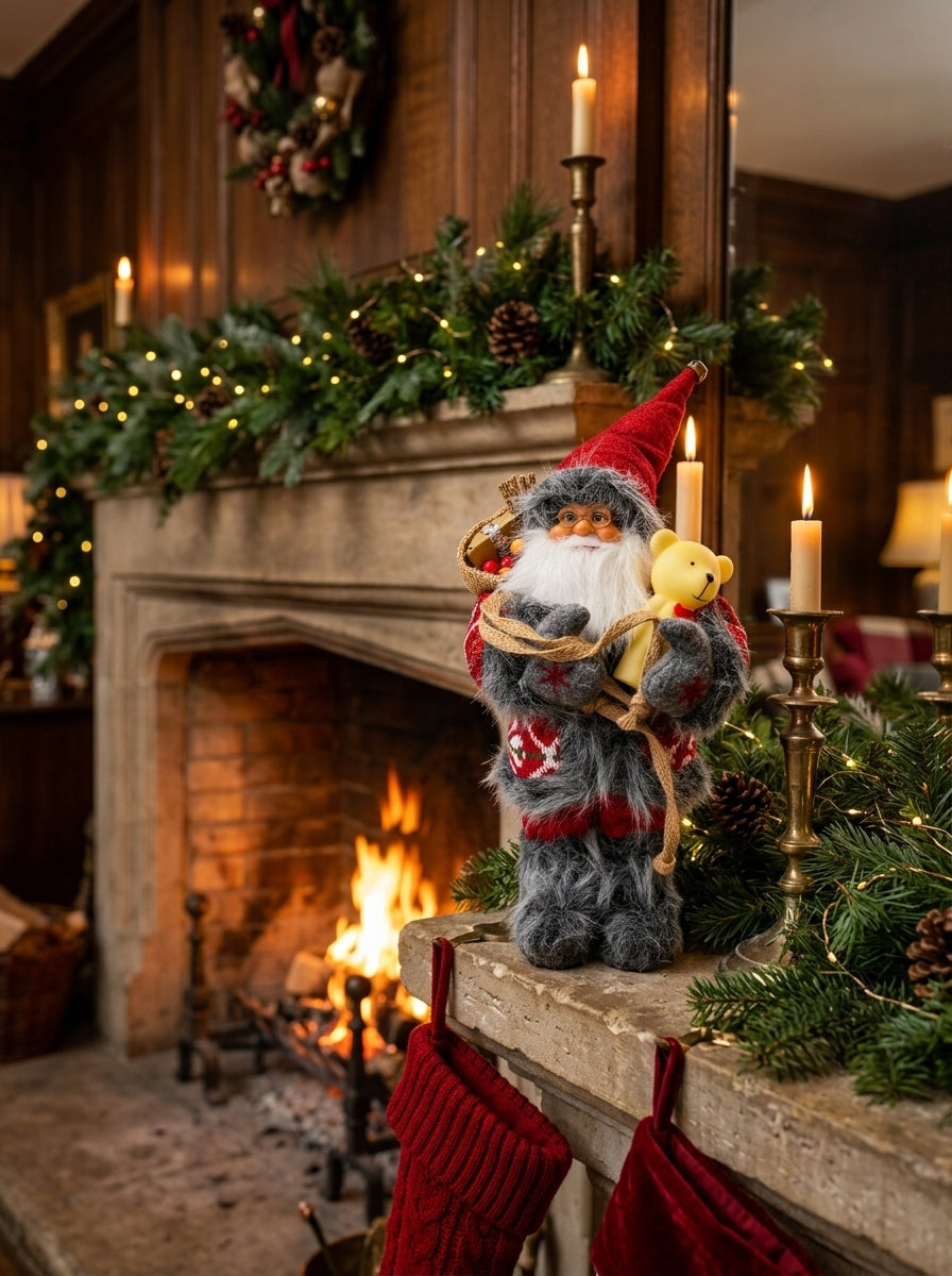 Mutluluk Dağıtıcısı – Ayıcıklı Nostaljik Noel Baba Dekoratif Figür - 32 CM