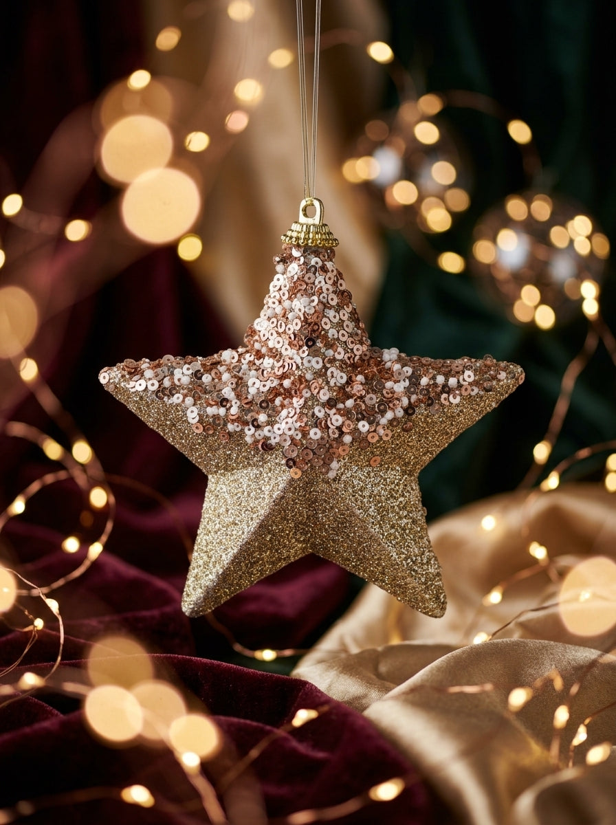 Champagne Glitter Payetli Yıldız Yılbaşı Süsü