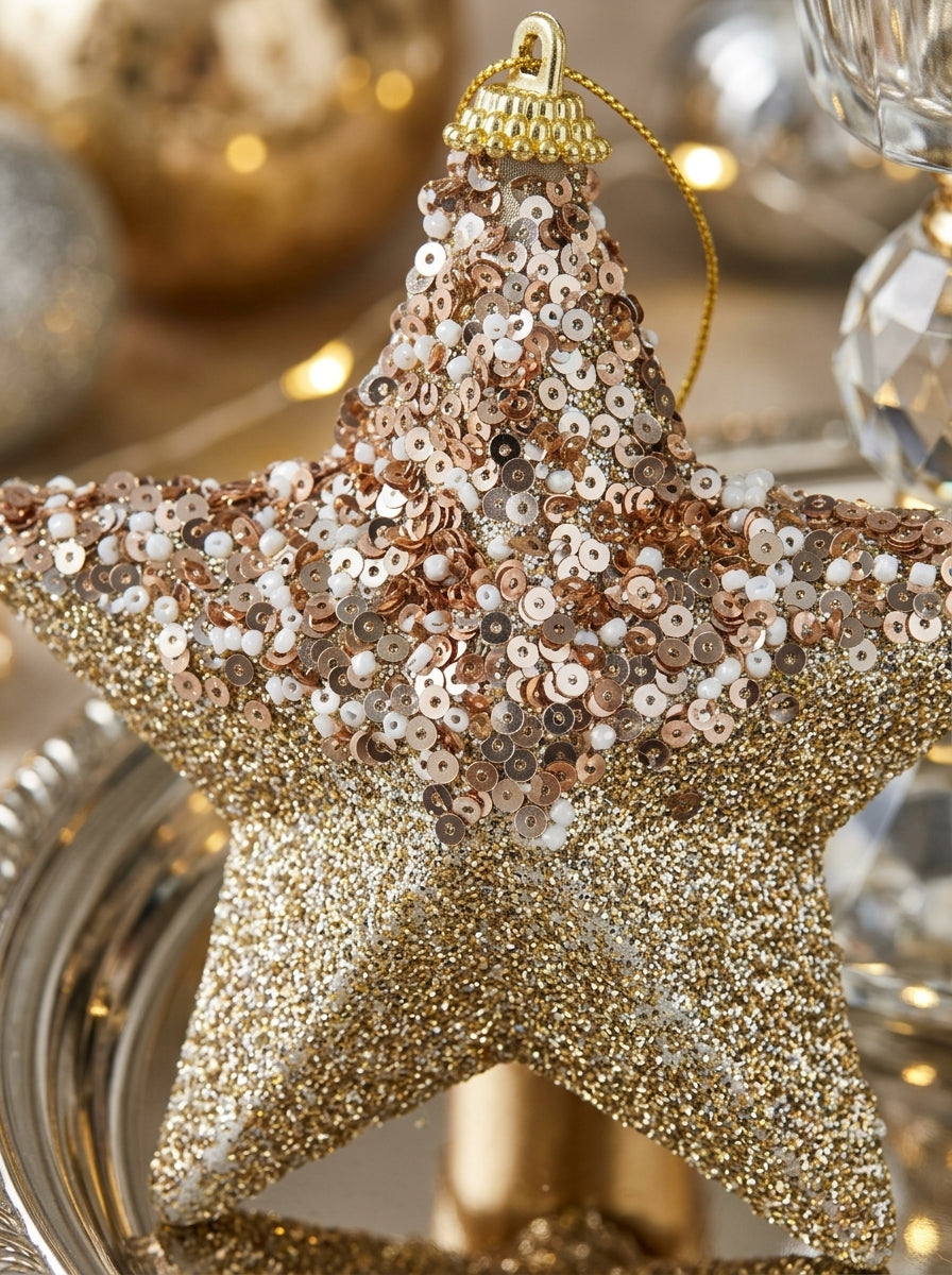 Champagne Glitter Payetli Yıldız Yılbaşı Süsü