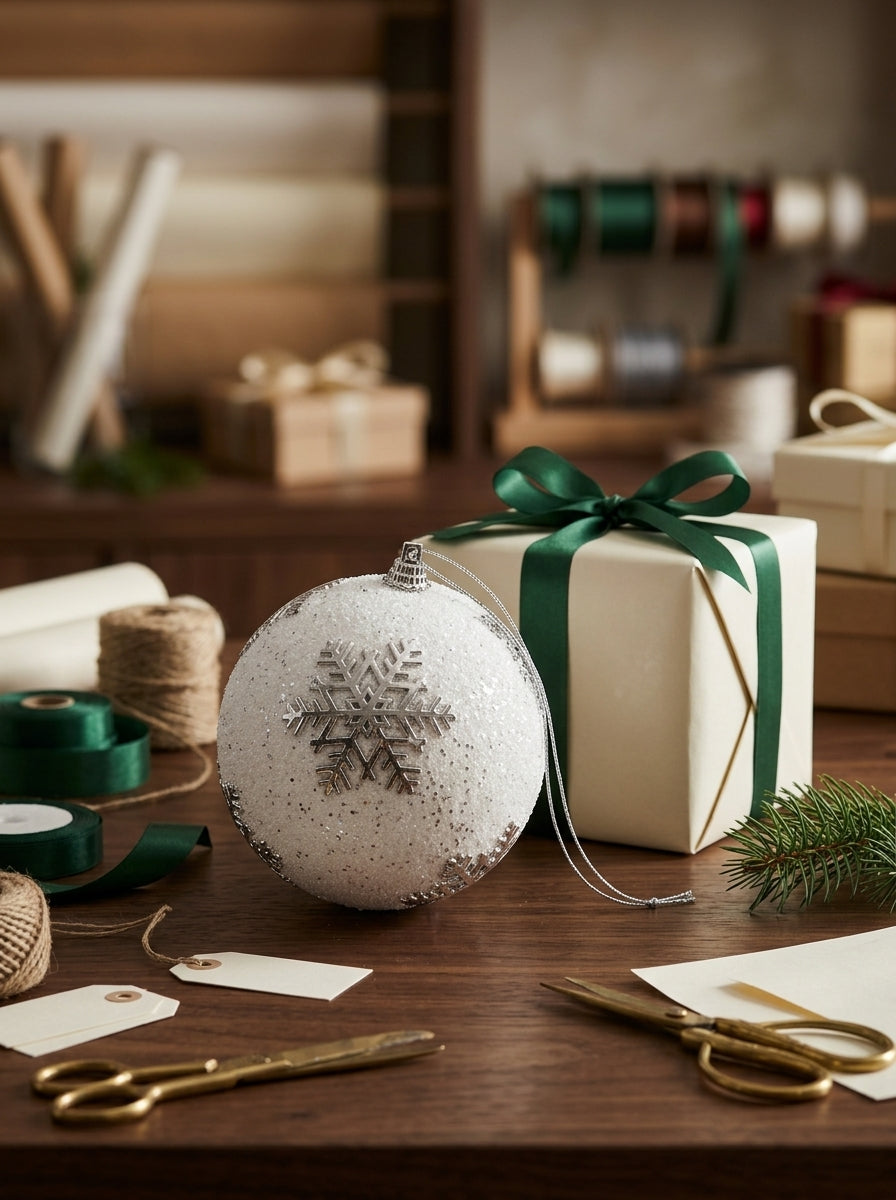 Silver Snowflake Dream – Gümüş Kar Tanesi Desenli Beyaz Yılbaşı Topu