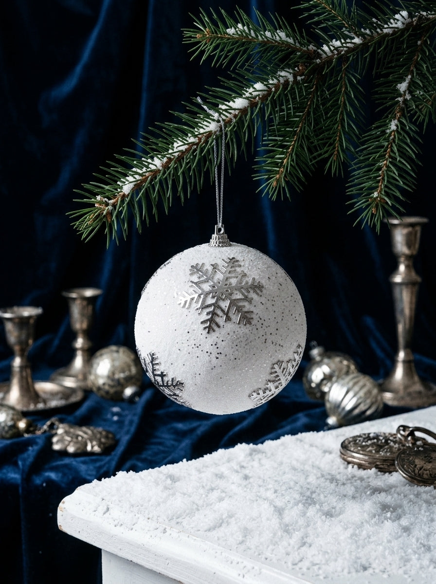 Silver Snowflake Dream – Gümüş Kar Tanesi Desenli Beyaz Yılbaşı Topu