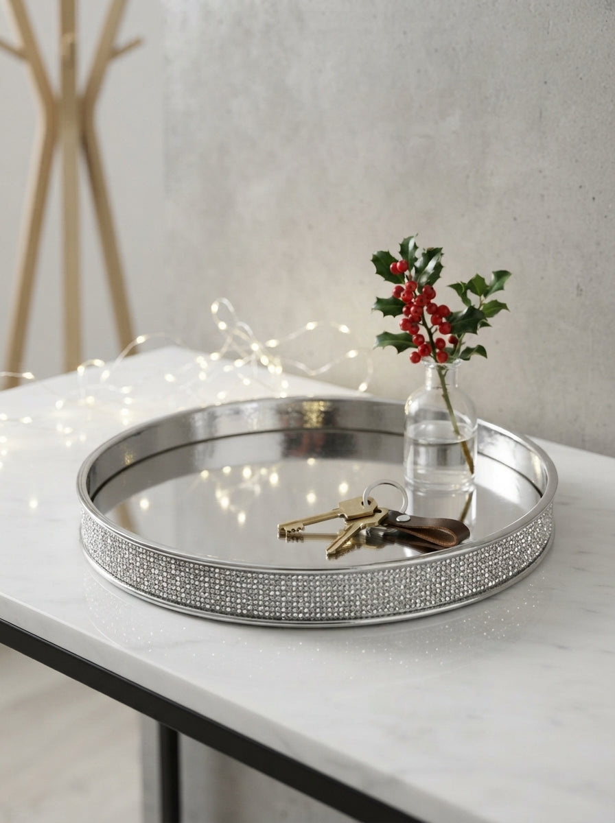 Silver Crystal Dekoratif Aynalı Tepsi