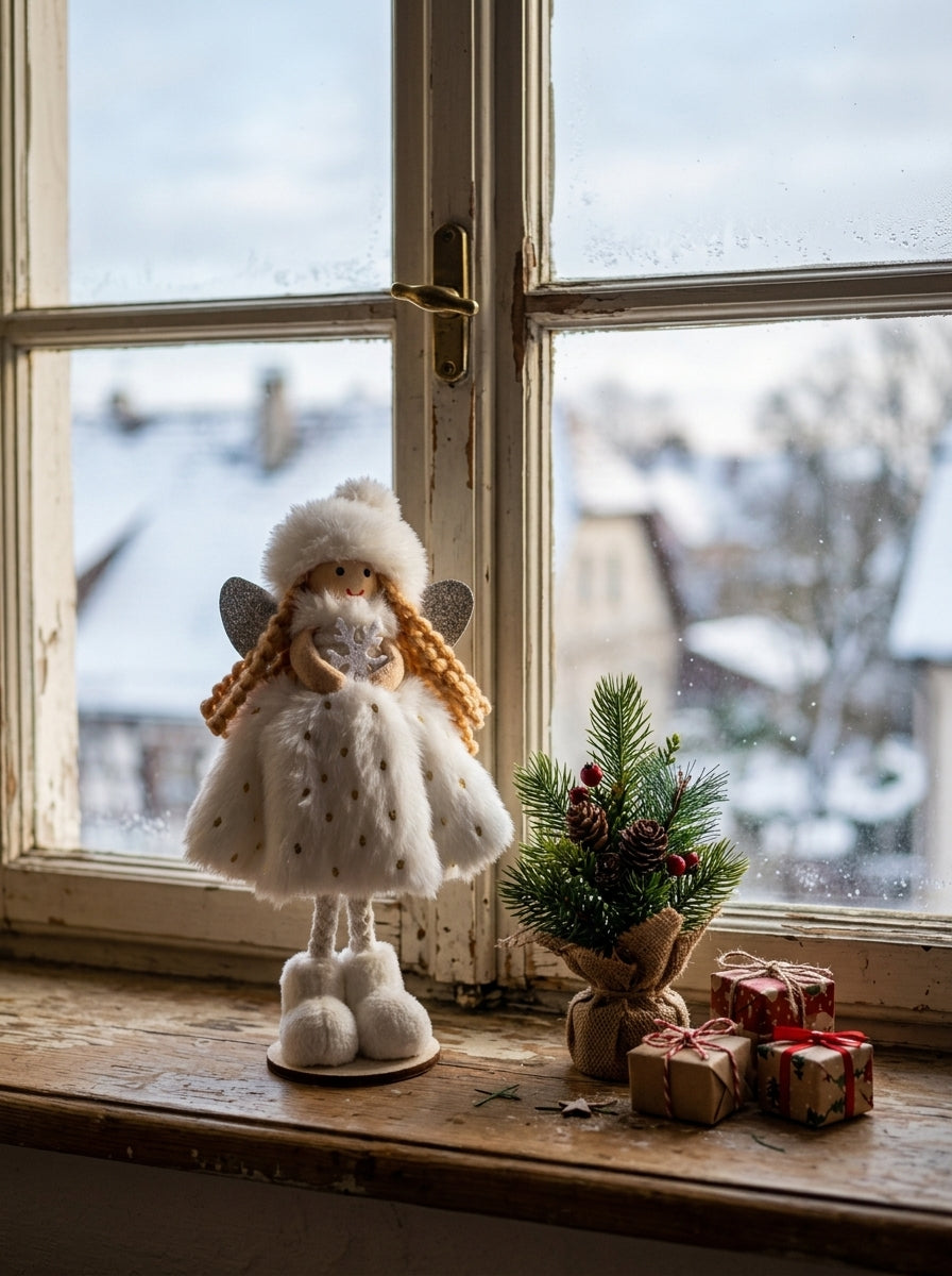 Snow Angel Fairy – Beyaz Kürklü Dekoratif Yılbaşı Perisi - 16 CM