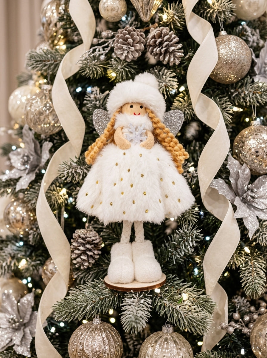 Snow Angel Fairy – Beyaz Kürklü Dekoratif Yılbaşı Perisi - 16 CM
