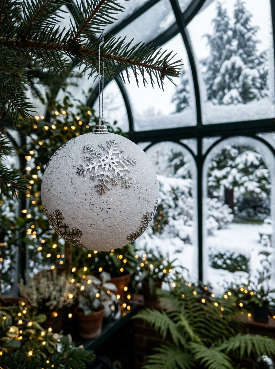 Silver Snowflake Dream – Gümüş Kar Tanesi Desenli Beyaz Yılbaşı Topu