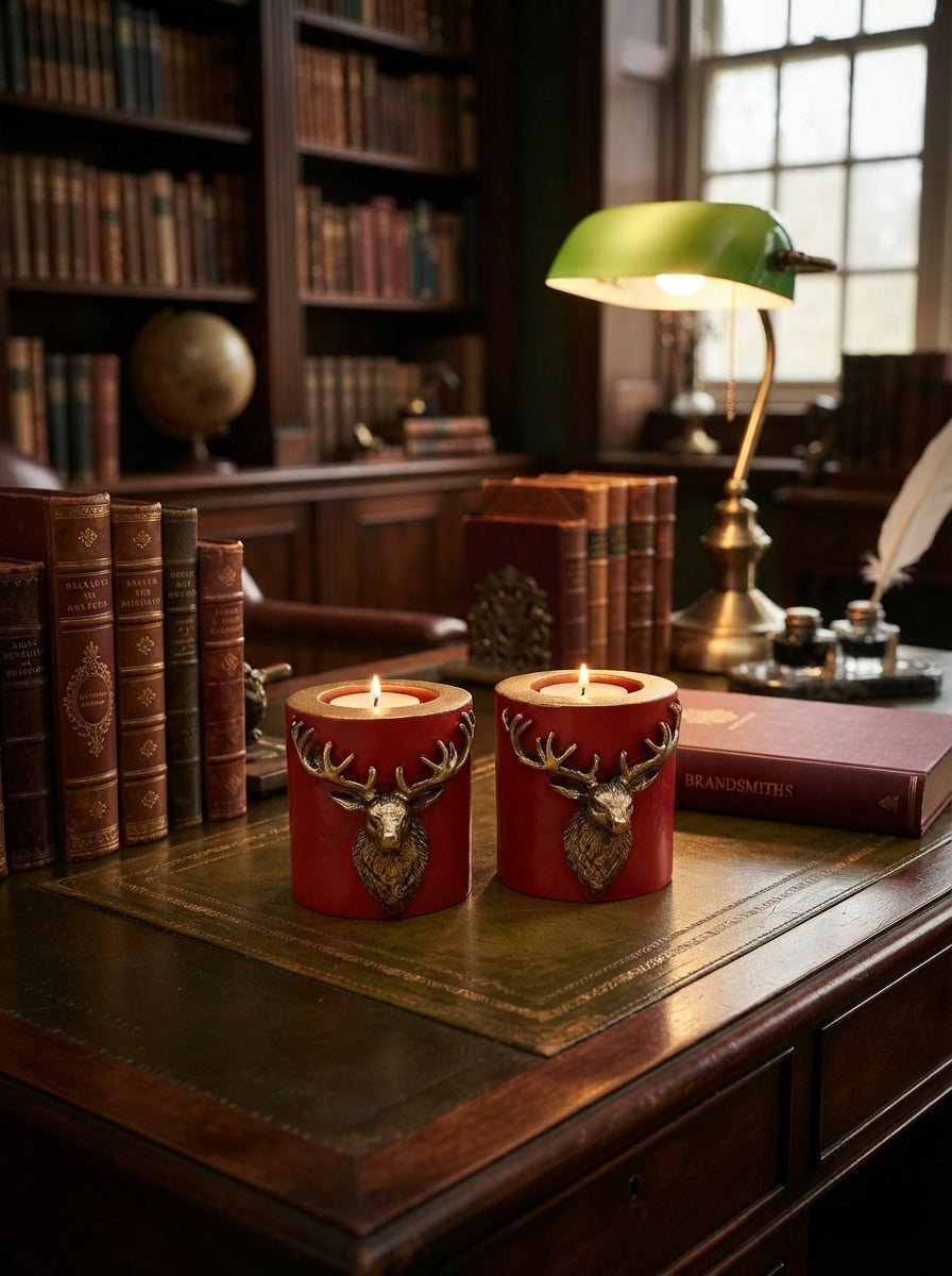 Gold Geyik Detaylı Kırmızı Tealight Mumluk 2’li Set