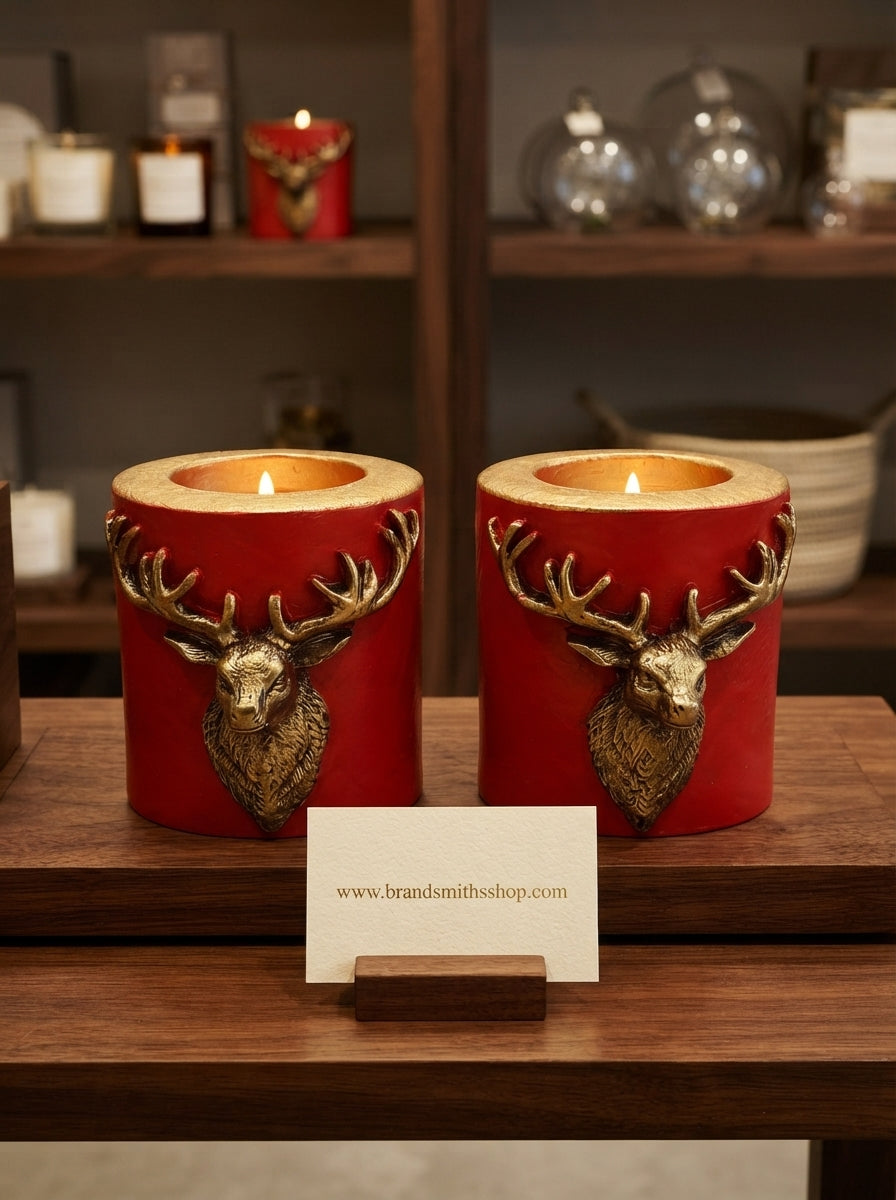 Gold Geyik Detaylı Kırmızı Tealight Mumluk 2’li Set