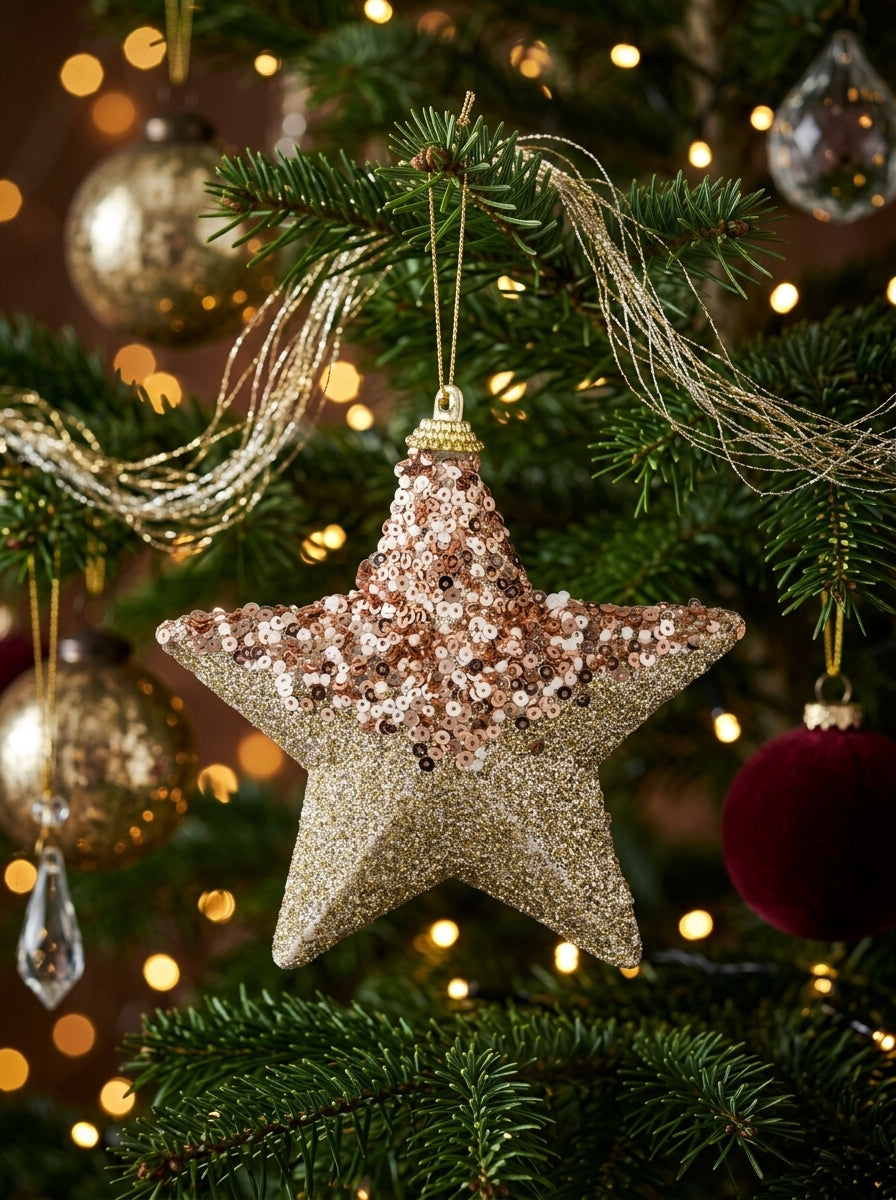 Champagne Glitter Payetli Yıldız Yılbaşı Süsü