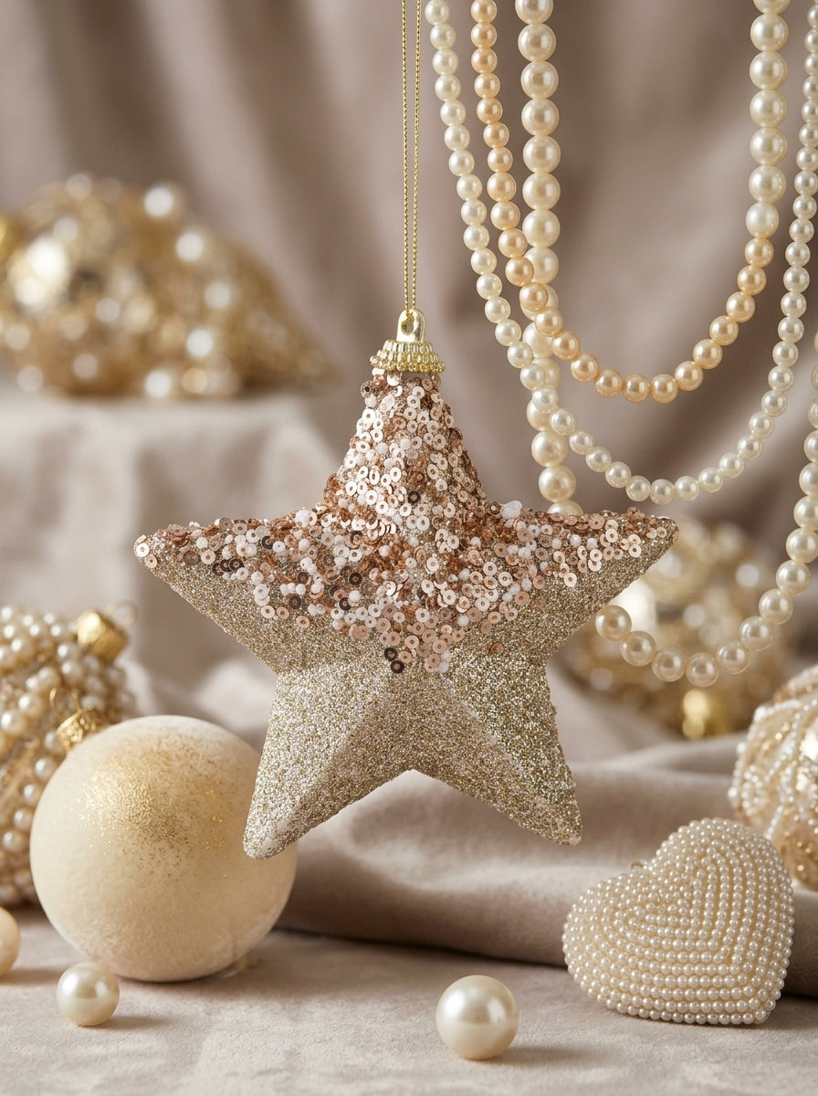 Champagne Glitter Payetli Yıldız Yılbaşı Süsü