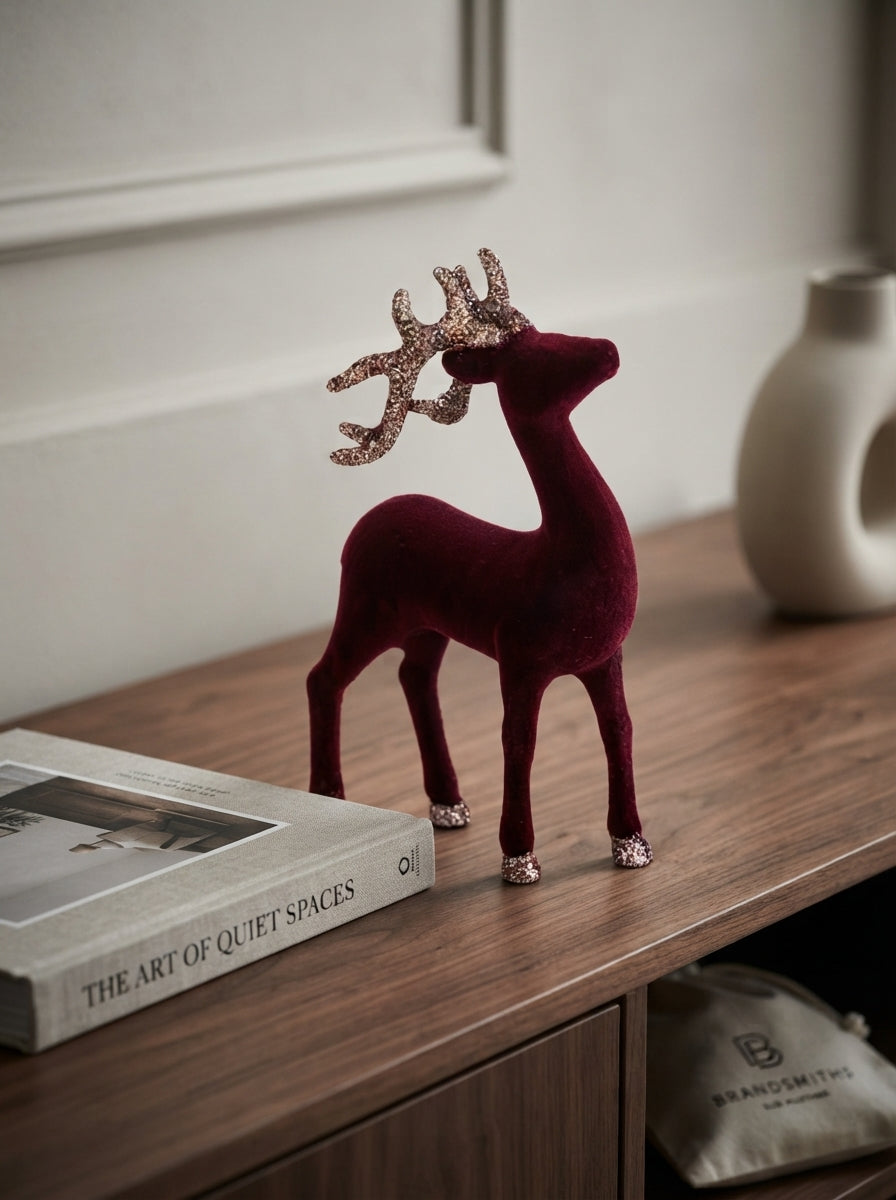 Burgundy Velvet Reindeer Dekoratif Yılbaşı Geyiği