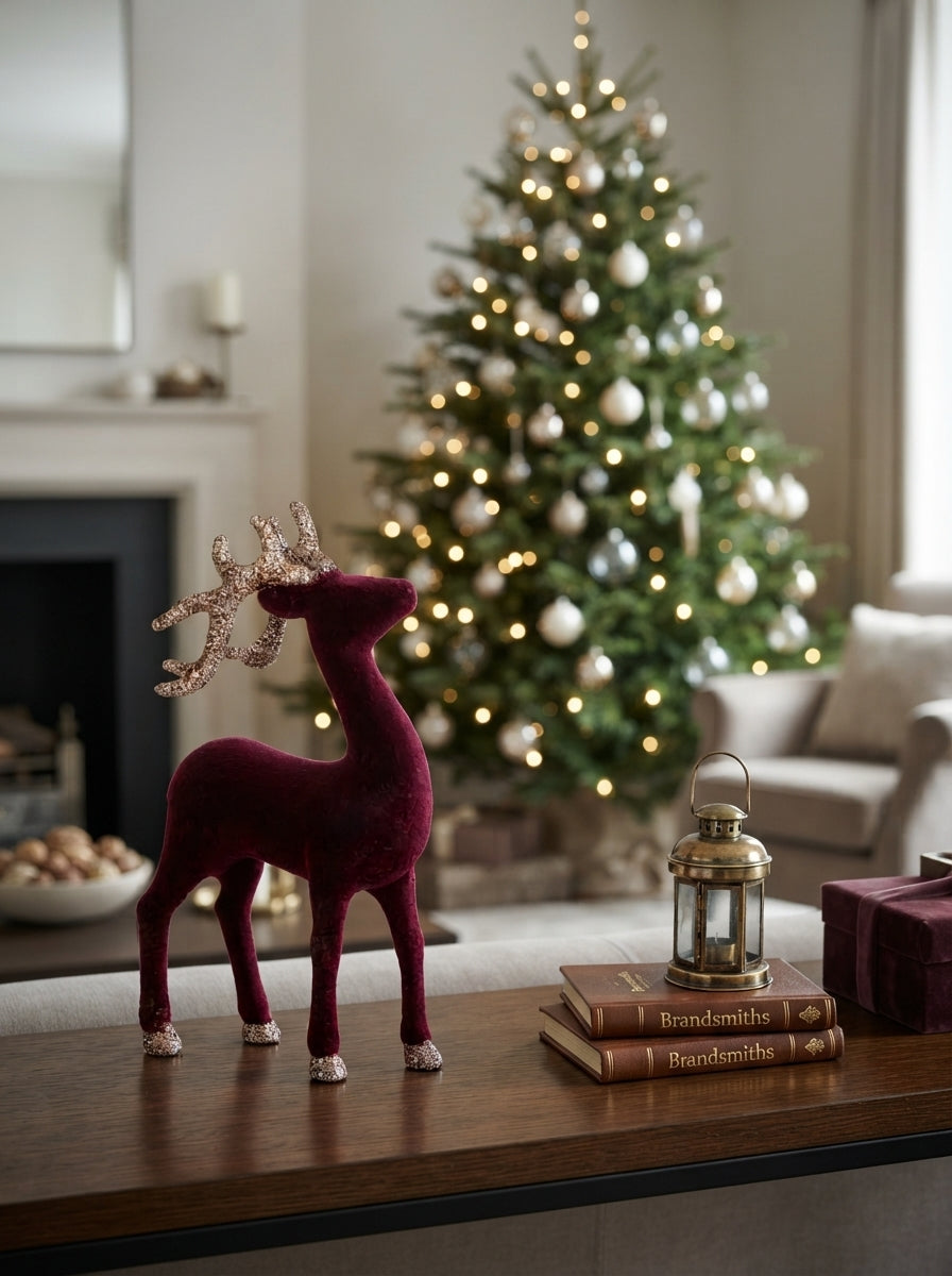 Burgundy Velvet Reindeer Dekoratif Yılbaşı Geyiği