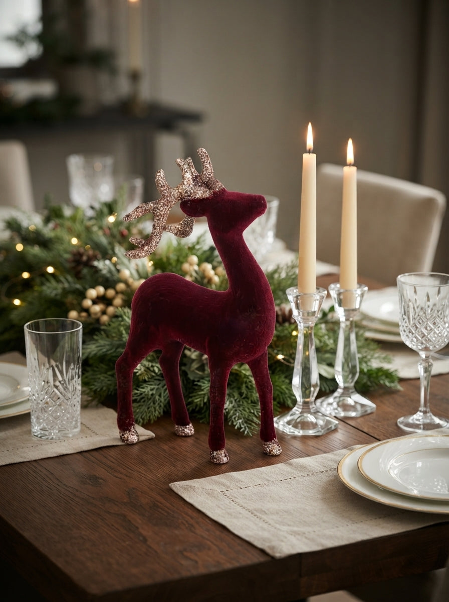Burgundy Velvet Reindeer Dekoratif Yılbaşı Geyiği