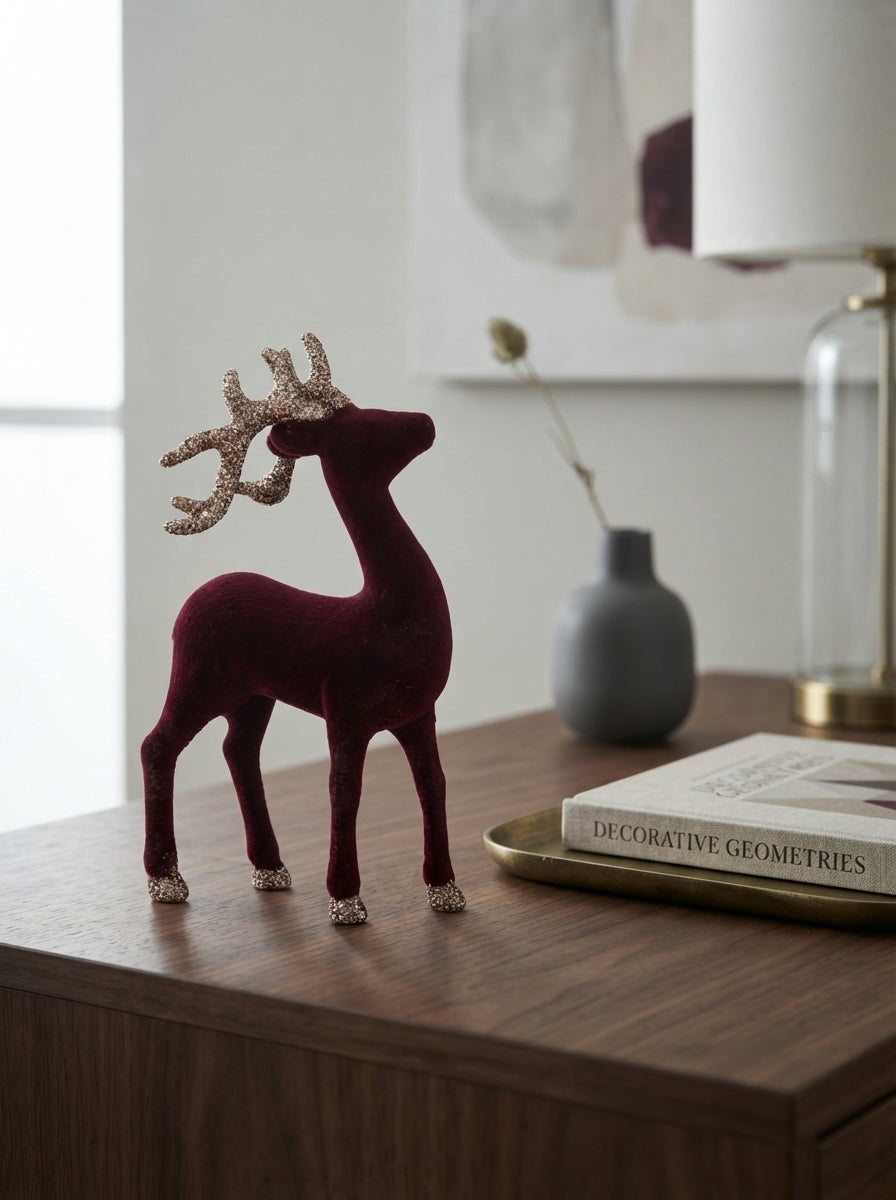 Burgundy Velvet Reindeer Dekoratif Yılbaşı Geyiği