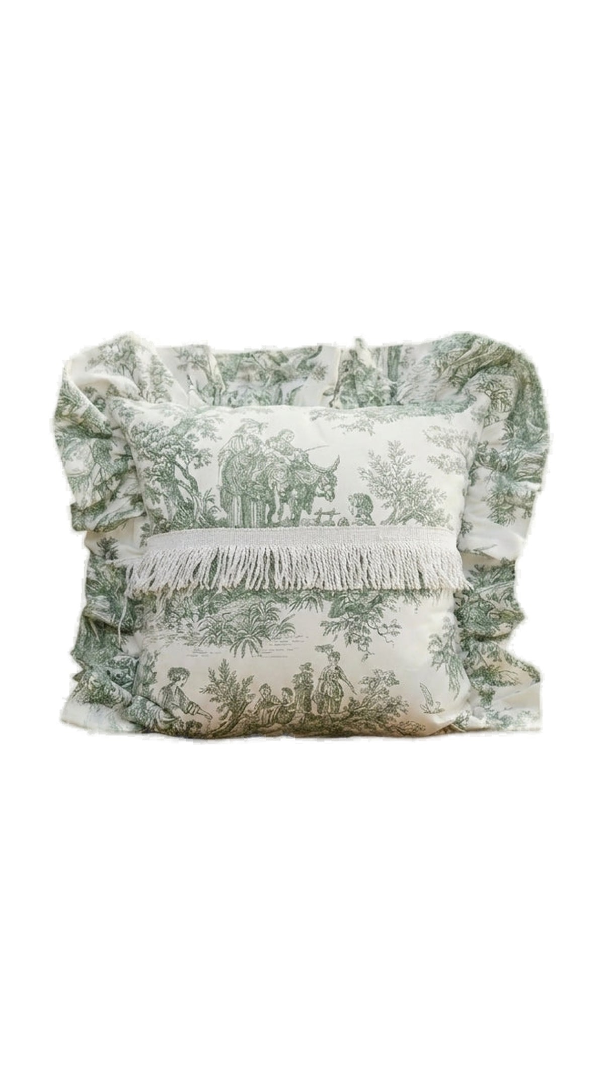 Toile Green Ruffle Pillow