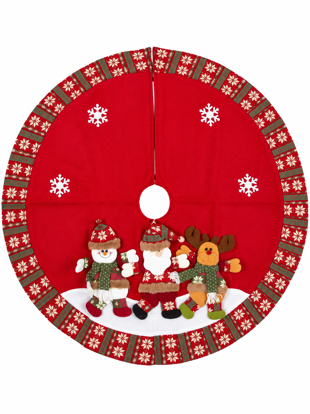 Christmas Story Santa Claus, Snowman and Reindeer Patterned Red Christmas Tree Skirt – 120 CM
