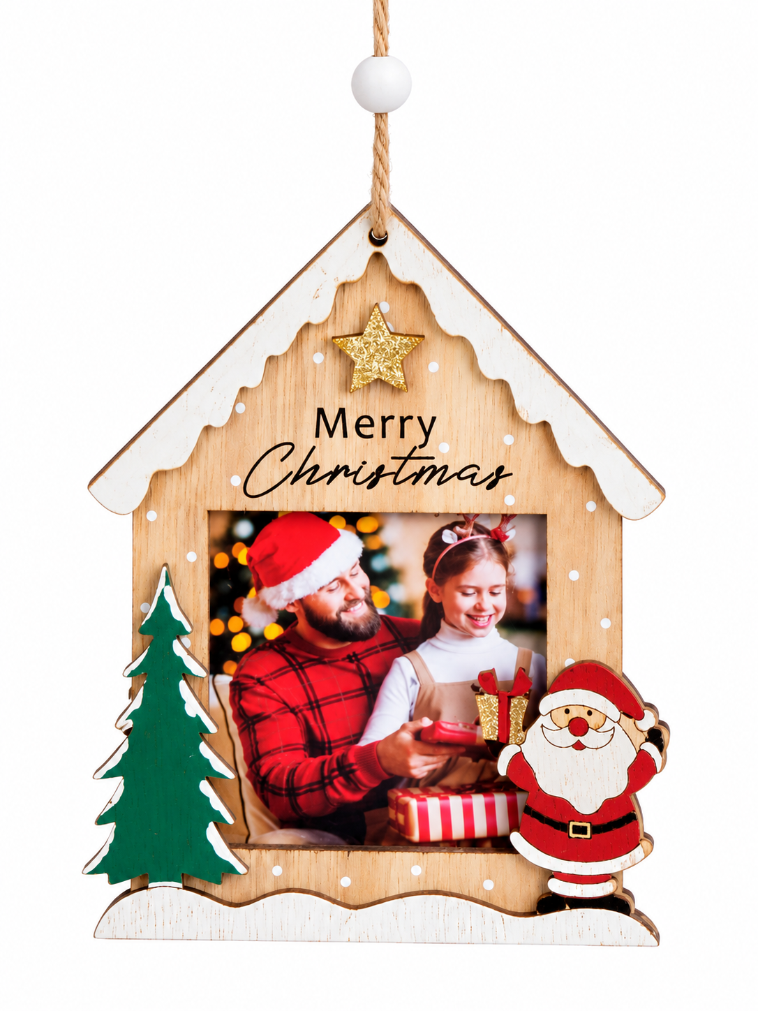 Merry Christmas Ahşap Ev Fotoğraf Çerçevesi Ağaç Süsü