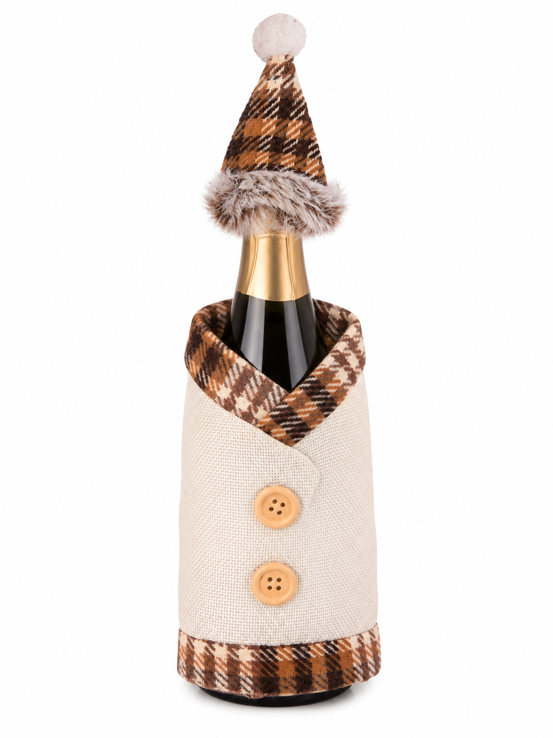 Santa's Bottle Dress Krem Ekose Yılbaşı Şişe Süsü – 13 CM x 19 CM