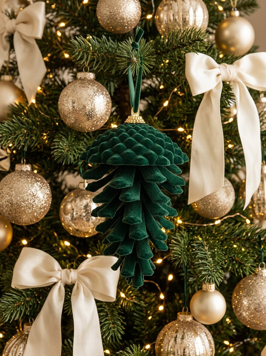 Emerald Forest – Yeşil Kadife Kozalak Yılbaşı Ağacı Süsü - 15 CM
