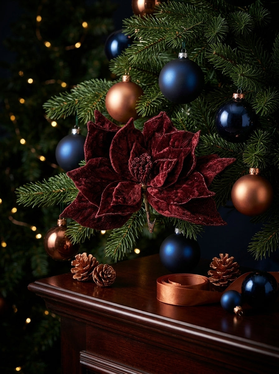 Burgundy Poinsettia Glitter Klipsli Yılbaşı Ağacı Süsü