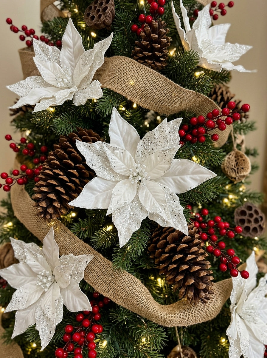 White Frost Poinsettia Klipsli Yılbaşı Ağacı Süsü