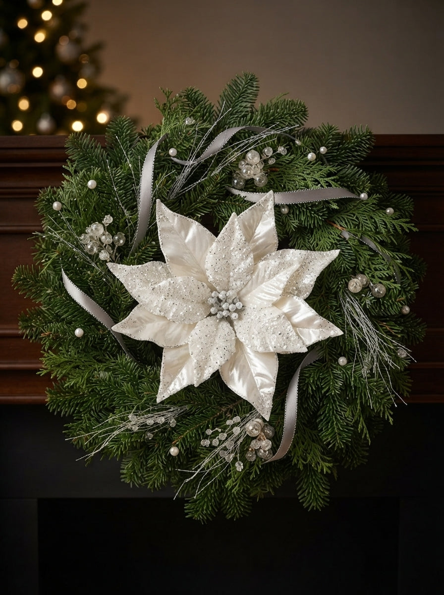 White Frost Poinsettia Klipsli Yılbaşı Ağacı Süsü