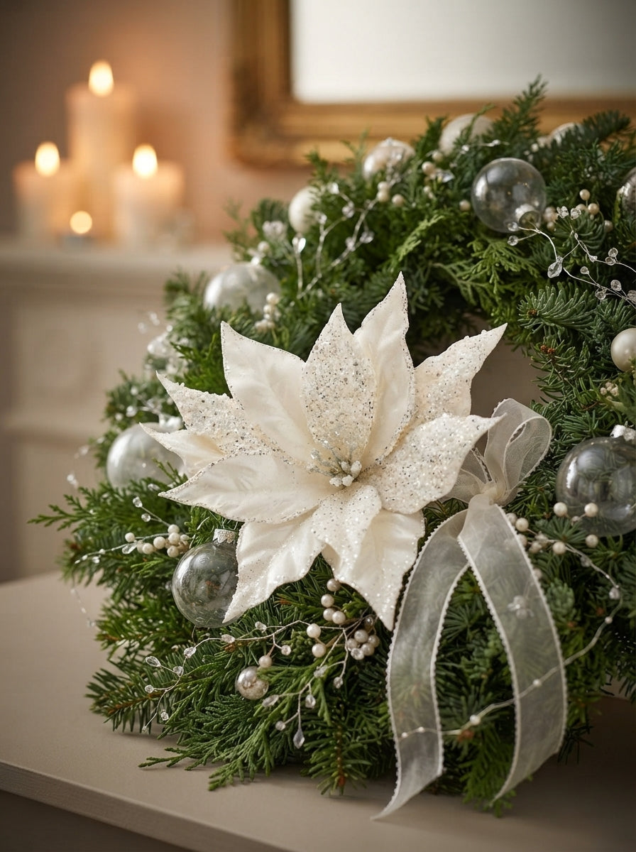White Frost Poinsettia Klipsli Yılbaşı Ağacı Süsü