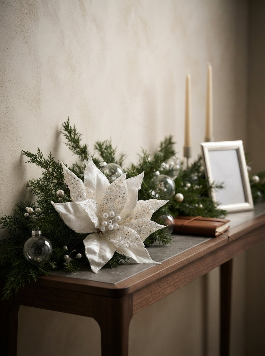 White Frost Poinsettia Klipsli Yılbaşı Ağacı Süsü