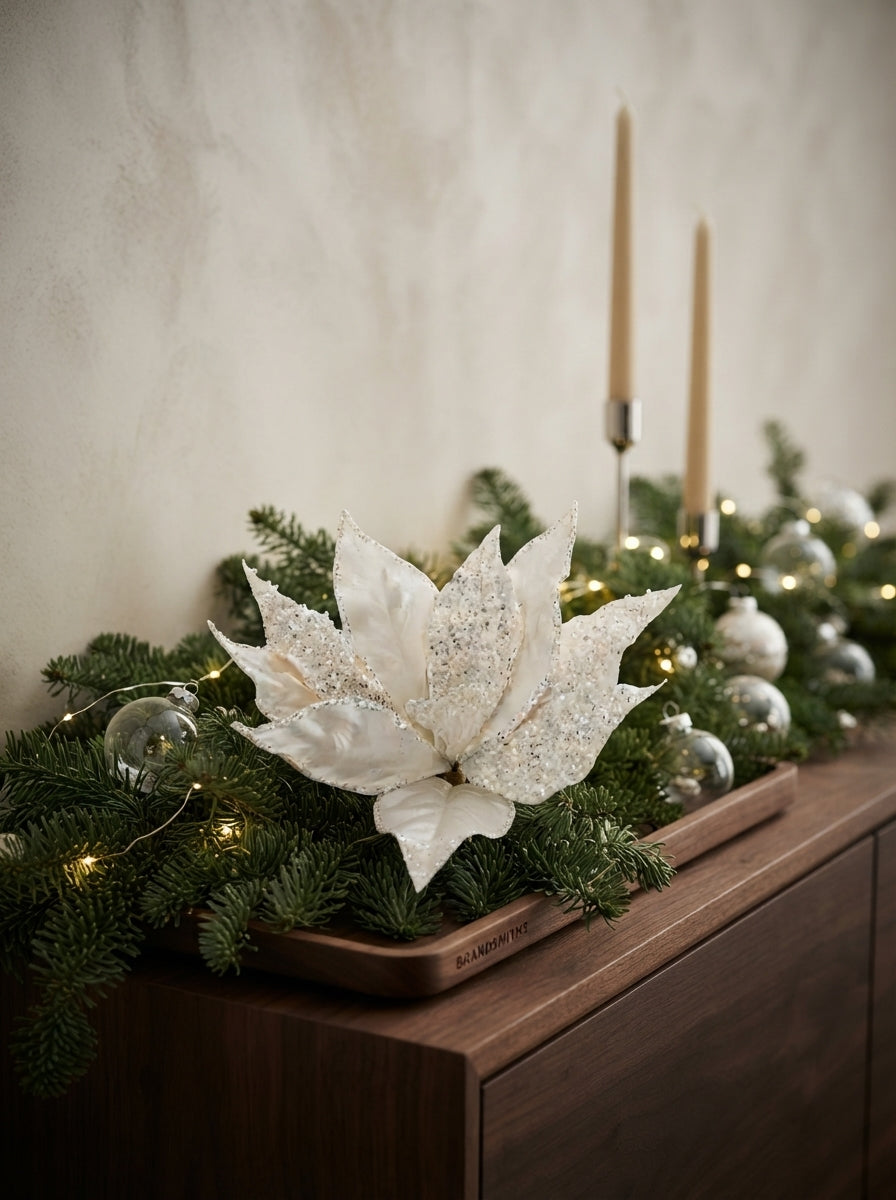 White Frost Poinsettia Klipsli Yılbaşı Ağacı Süsü