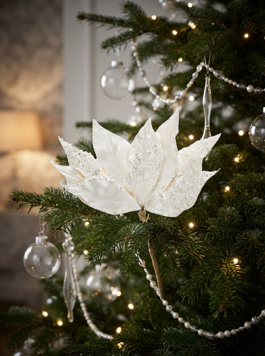 White Frost Poinsettia Klipsli Yılbaşı Ağacı Süsü