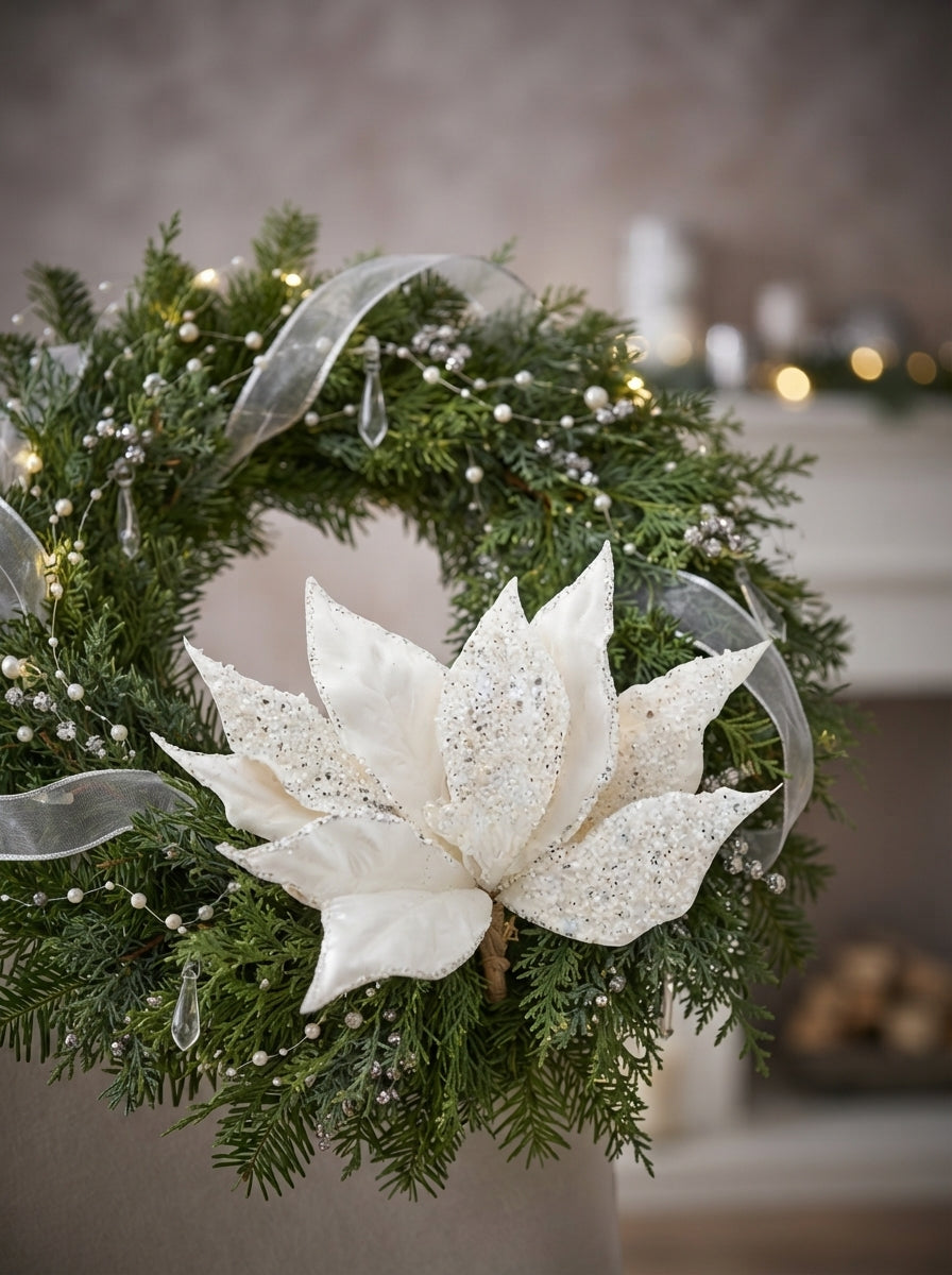 White Frost Poinsettia Klipsli Yılbaşı Ağacı Süsü