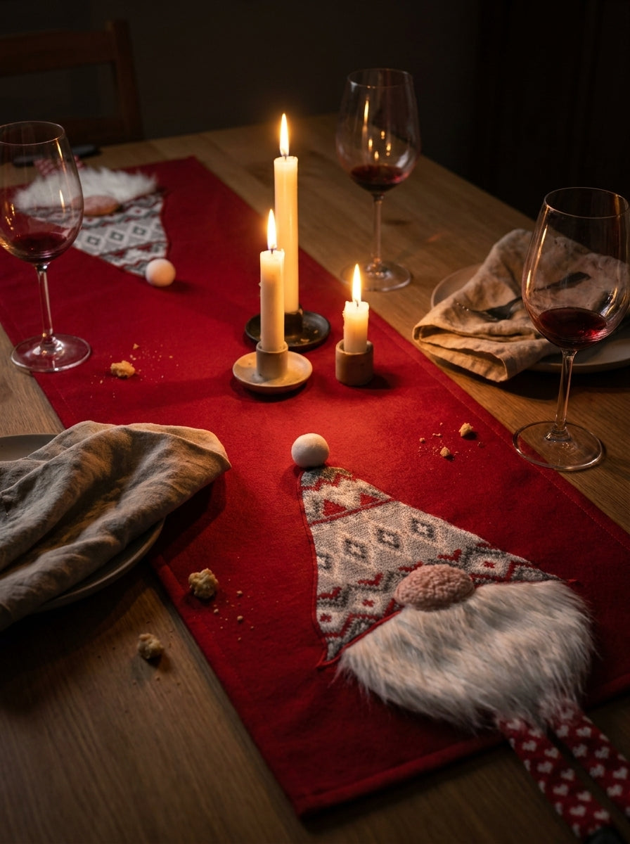 Christmas Gnome Kırmızı 3D Dekoratif Yılbaşı Runner