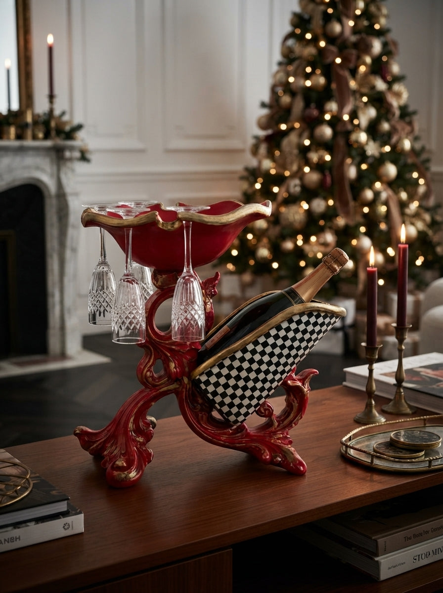 Royal Christmas Kırmızı &amp; Gold Şaraplık ve 3 Kadehlik