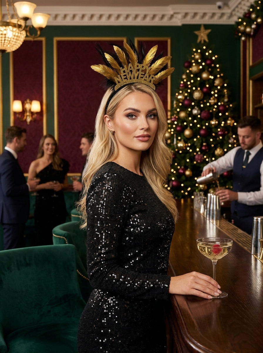 Golden Happy New Year Tüylü Yılbaşı Tacı